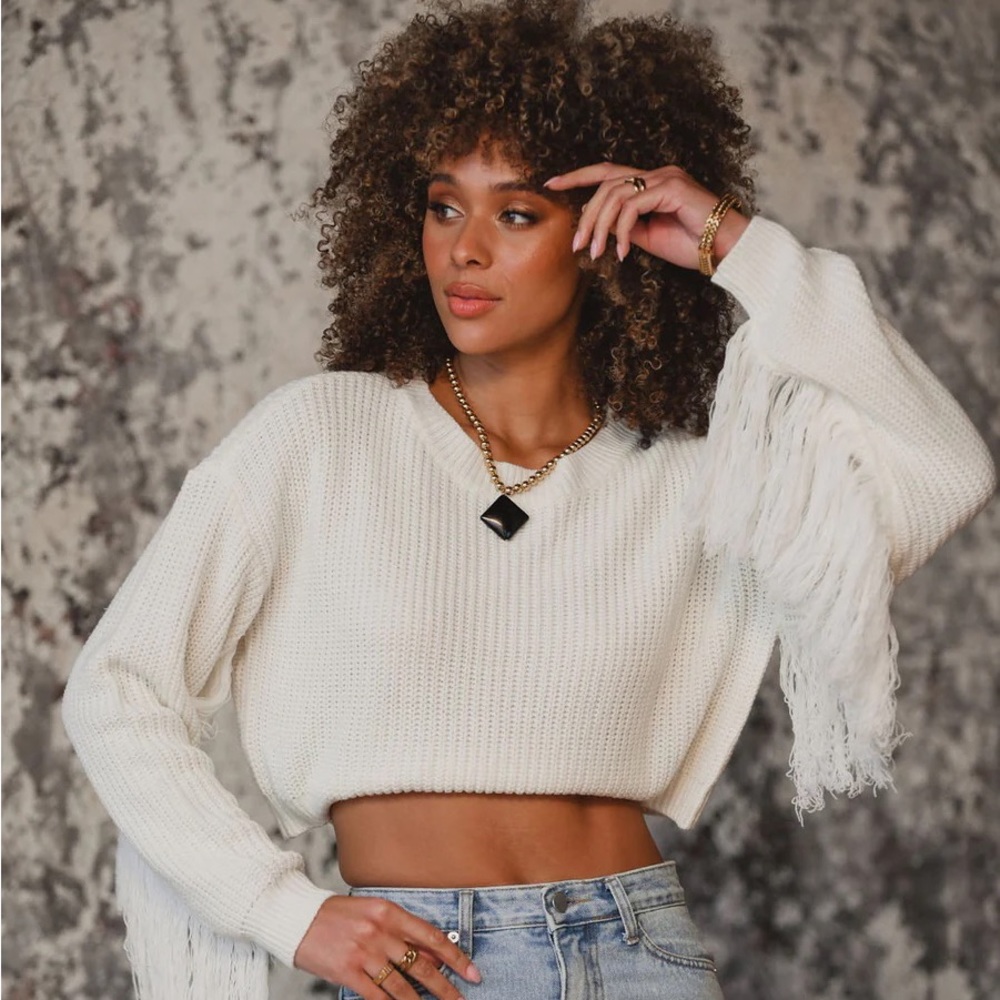 NWT S Cameron Ivory Fringe Sweater 12th Tribe